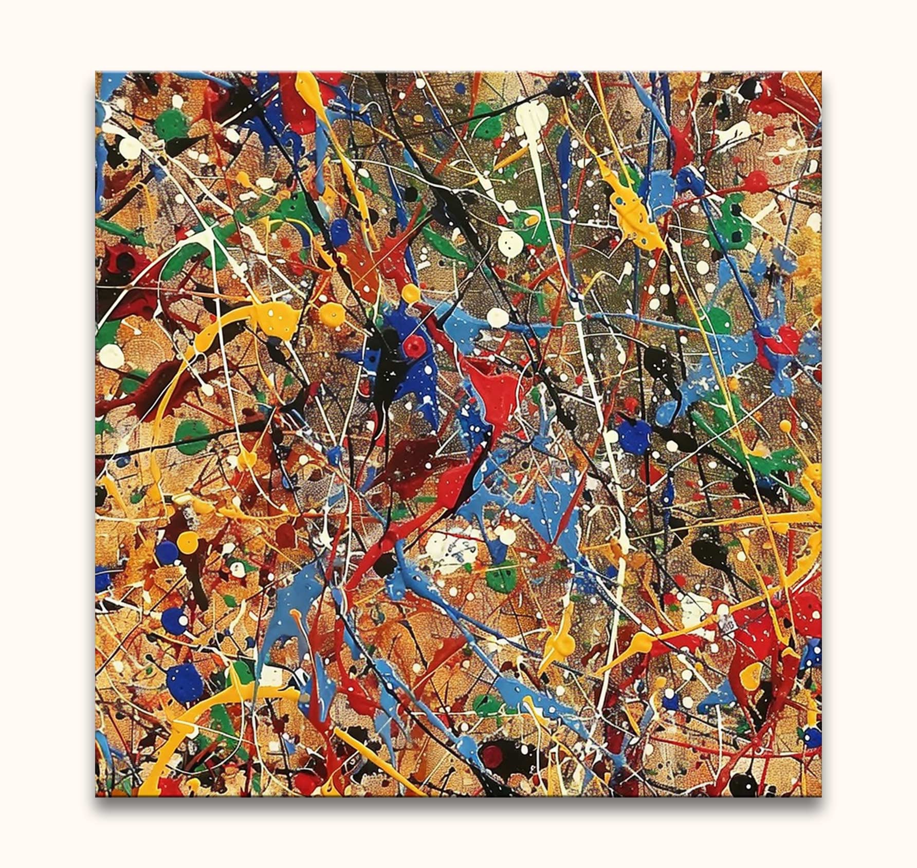Abstract drip painting in the style of Jackson Pollock titled Summer Day, featuring vibrant, energetic splashes on a tan canvas, hand-painted for expressive art enthusiasts.