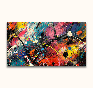 Nocturnal Adventures - Jackson Pollock signature: Vibrant abstract painting with dynamic drips and splashes, hand-painted in thick oil on quality canvas, ready to hang.