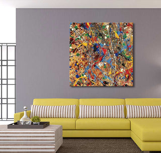 Yellow sectional sofa with striped pillows and ottoman, featuring Jackson Pollock-inspired Summer Day abstract drip painting, adding vibrant energy to the modern living room.