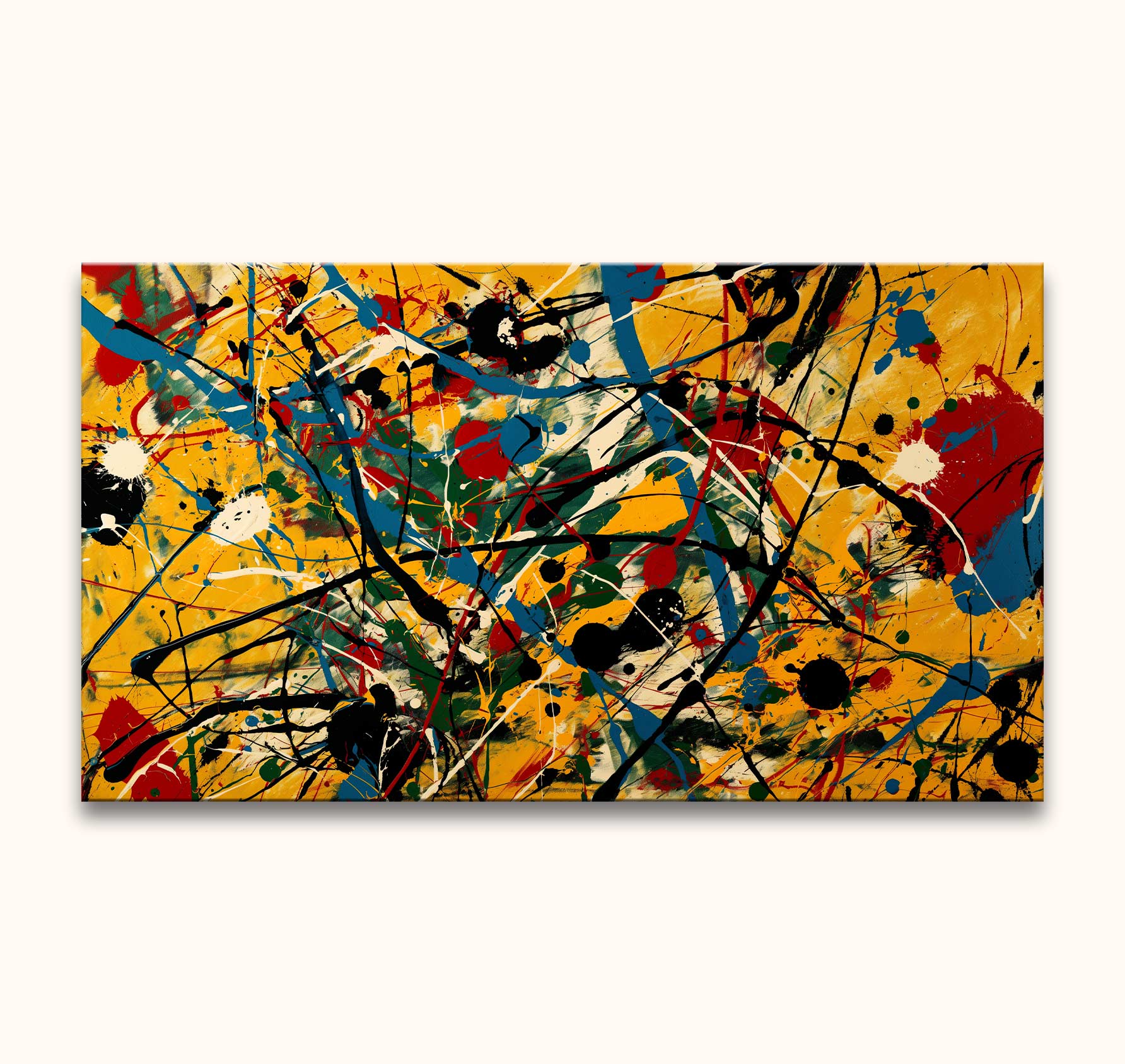Abstract expressief schilderij Forest Grounds in Jackson Pollock-stijl. Drukke compositie met energieke verfspetters en druppels op een geel-oranje achtergrond. Olieverf op canvas.