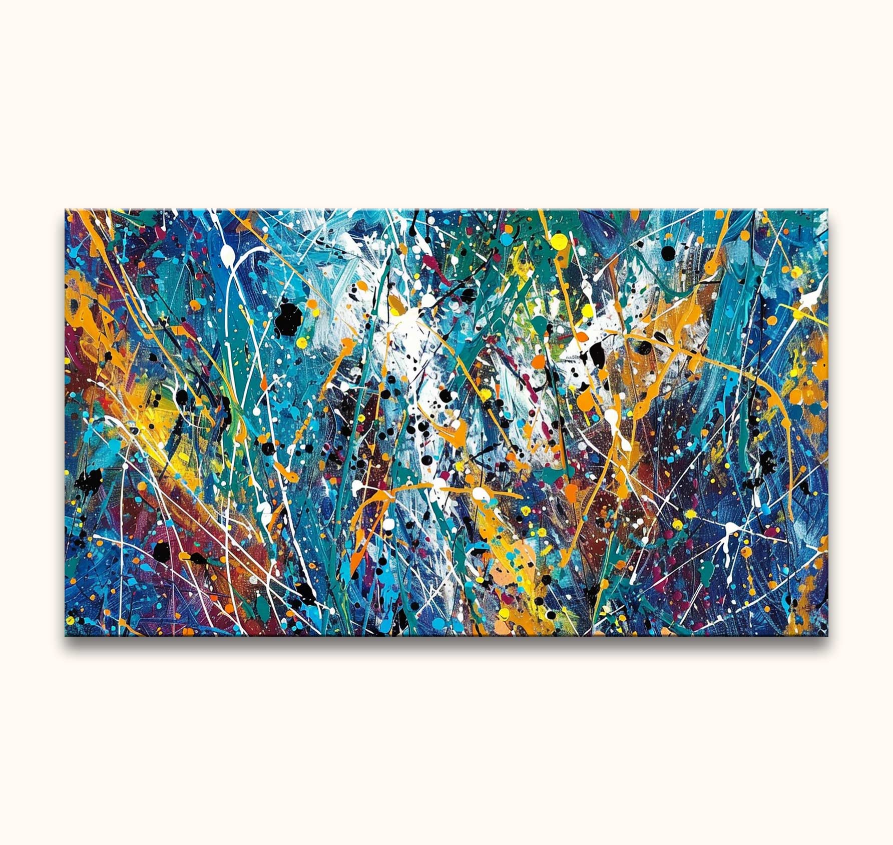 Abstract schilderij Gracelands in Jackson Pollock-stijl, met levendige druppels en spetters in blauw, geel en oranje. Geschilderd op canvas, klaar om op te hangen.