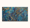Abstract schilderij Living Daylights in Jackson Pollock-stijl, met kosmisch blauw en energieke verfspetters. Expressieve, handgeschilderde olieverf op hoogwaardig canvas.