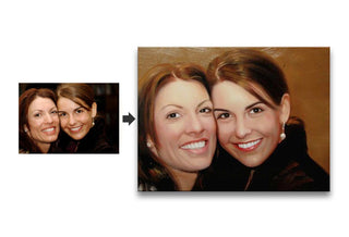 Two women smiling in a photograph transformed into a smooth oil-painting portrait, showcasing Schilderij op basis van foto. Perfect for preserving cherished memories.
