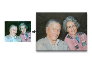 Elderly couple's photo transformed into a hand-painted portrait, showcasing their smiles. Schilderij op basis van foto captures cherished memories, ideal for gifting.