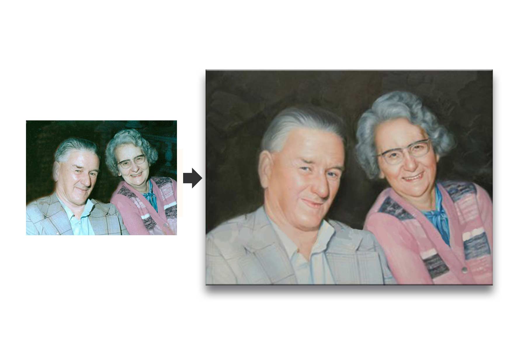 Elderly couple's photo transformed into a hand-painted portrait, showcasing their smiles. Schilderij op basis van foto captures cherished memories, ideal for gifting.