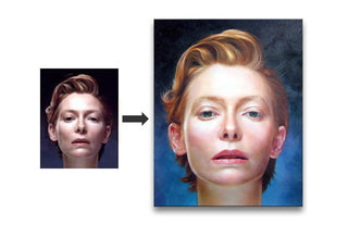 Portrait headshot transformed into a detailed oil-painting style rendering. Schilderij op basis van foto shows a personalized artistic reimagining, perfect for cherished memories.