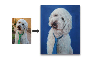 Before and after pet transformation: Original photo of a white curly-haired dog in a green tie; transformed into a formal painting titled Schilderij op basis van foto.
