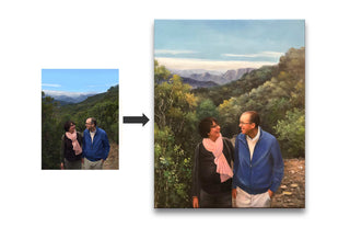 Couple hiking on a mountain trail, captured in a photo and transformed into a detailed oil painting. Schilderij op basis van foto for personalized art gifts.