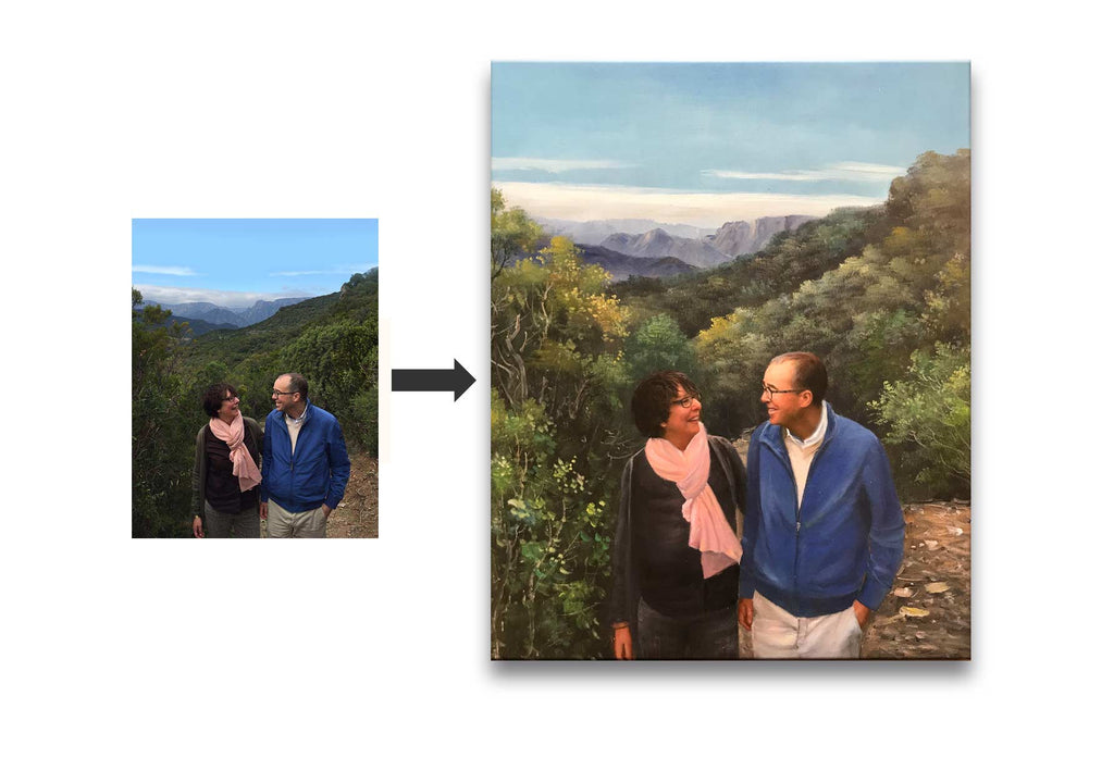 Couple hiking on a mountain trail, captured in a photo and transformed into a detailed oil painting. Schilderij op basis van foto for personalized art gifts.