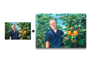 Man in greenhouse with orange peppers, transformed into a vibrant painterly illustration. Schilderij op basis van foto captures cherished memories with artistic precision.