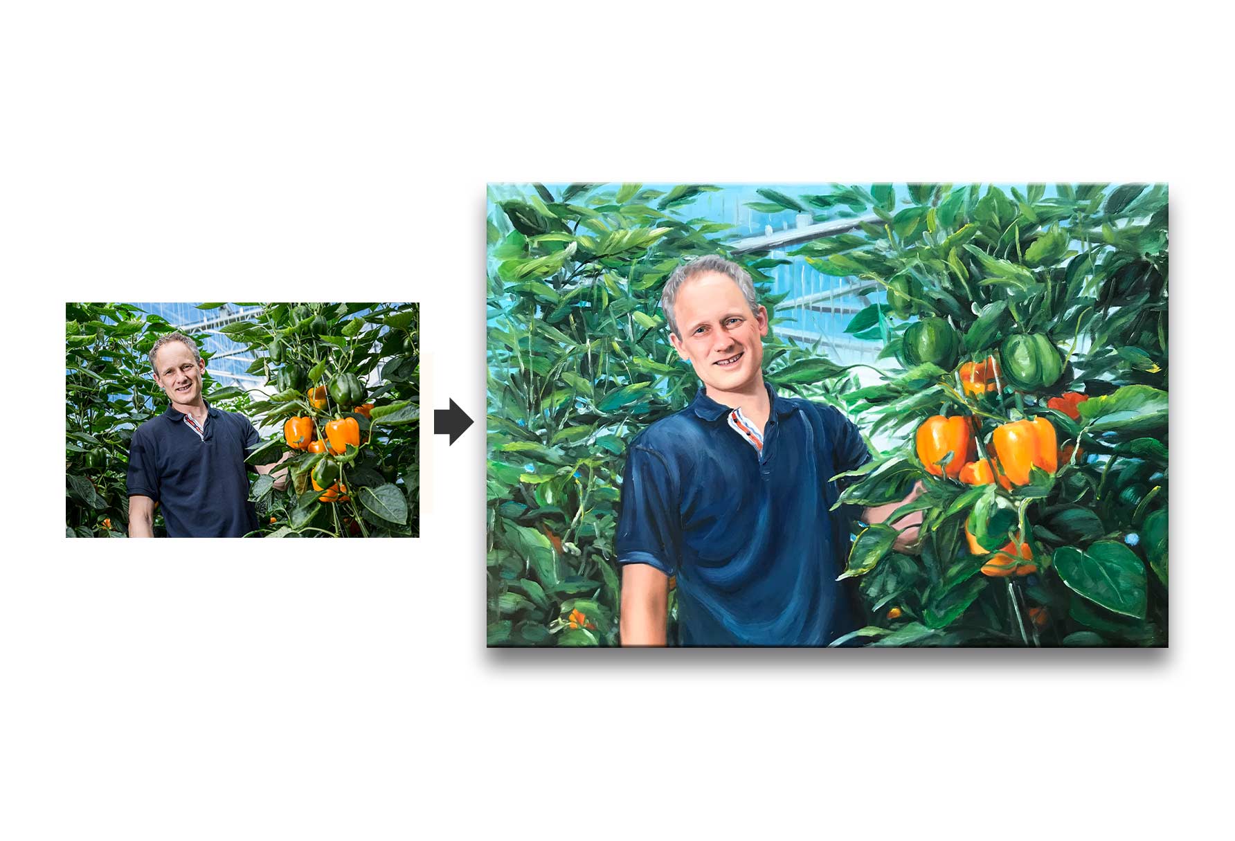 Man in greenhouse with orange peppers, transformed into a vibrant painterly illustration. Schilderij op basis van foto captures cherished memories with artistic precision.