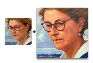 Realist-style portrait of an older woman with glasses and pearl earring, set against a serene water landscape. Customizable painting based on personal photos.