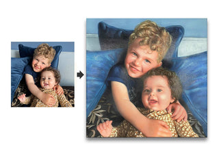 Children’s portrait on canvas, capturing two siblings from a photo. The older brother hugs his baby sibling. Custom hand-painted artwork, perfect for cherishing memories.