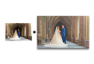 Wedding photo transformed into a realistic oil-style painting on canvas, featuring a bride and groom in a stone-arched gallery. Perfect gift idea, includes preview and corrections.