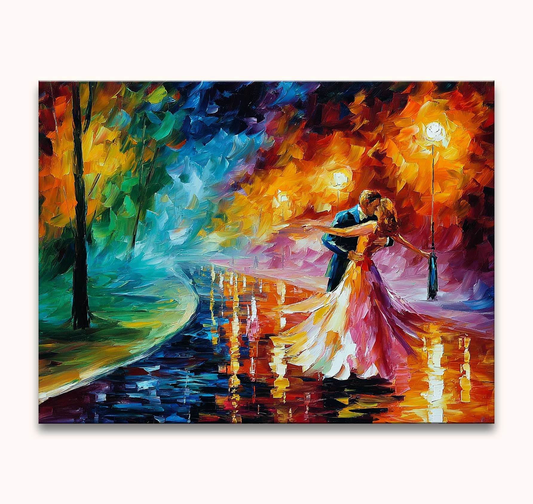 Dansend paar in een park, handgeschilderd in de stijl van Leonid Afremov. Olieverfschilderij met impressionistische flair, perfect voor romantische kunstliefhebbers.