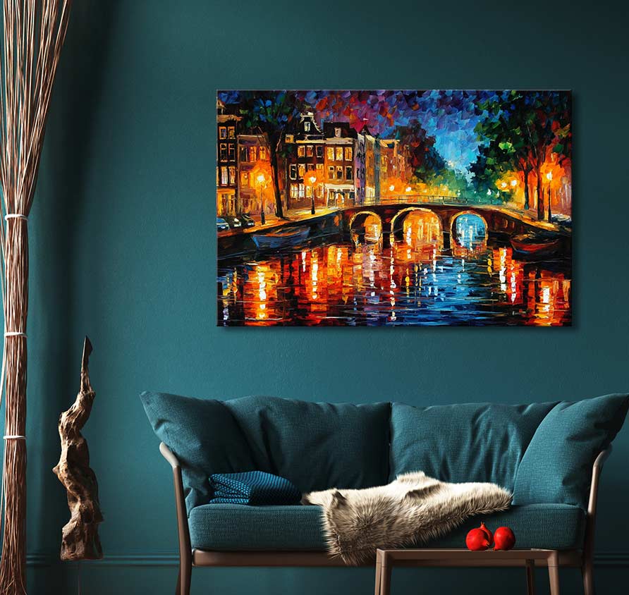 Origineel olieverfschilderij 'Brug over de Prinsengracht', in de stijl van Leonid Afremov. Impressionistisch stadsgezicht met verlichte gracht, geschikt voor moderne interieurs.