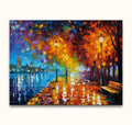 Twee figuren onder paraplu langs rivierpromenade met herfstbomen en stadslichten. Origineel schilderij 'Waterkant' in Leonid Afremov-stijl, olieverf op canvas.