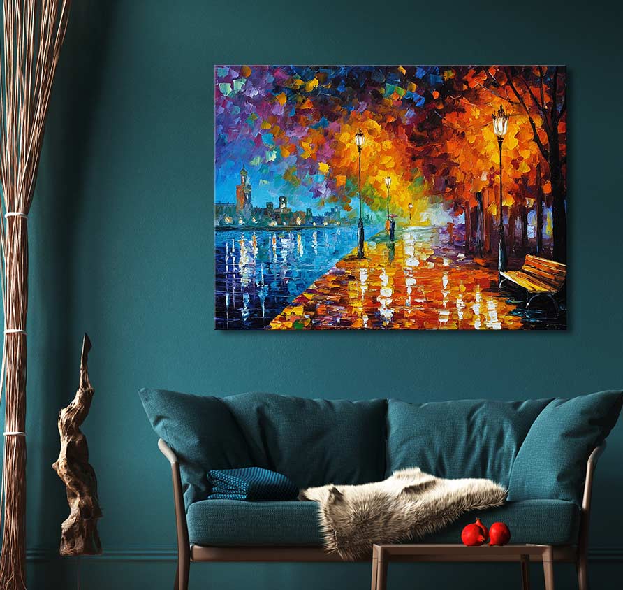 Handgeschilderd schilderij 'Waterkant' in de stijl van Leonid Afremov. Impressionistisch stadsaanzicht met lampen, bomen, en promenade. Geschilderd op canvas, klaar om op te hangen.