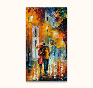 Twee personen onder een paraplu op een natte, verlichte straat. Origineel schilderij 'After the Date' in Leonid Afremov-stijl, olieverf op canvas.