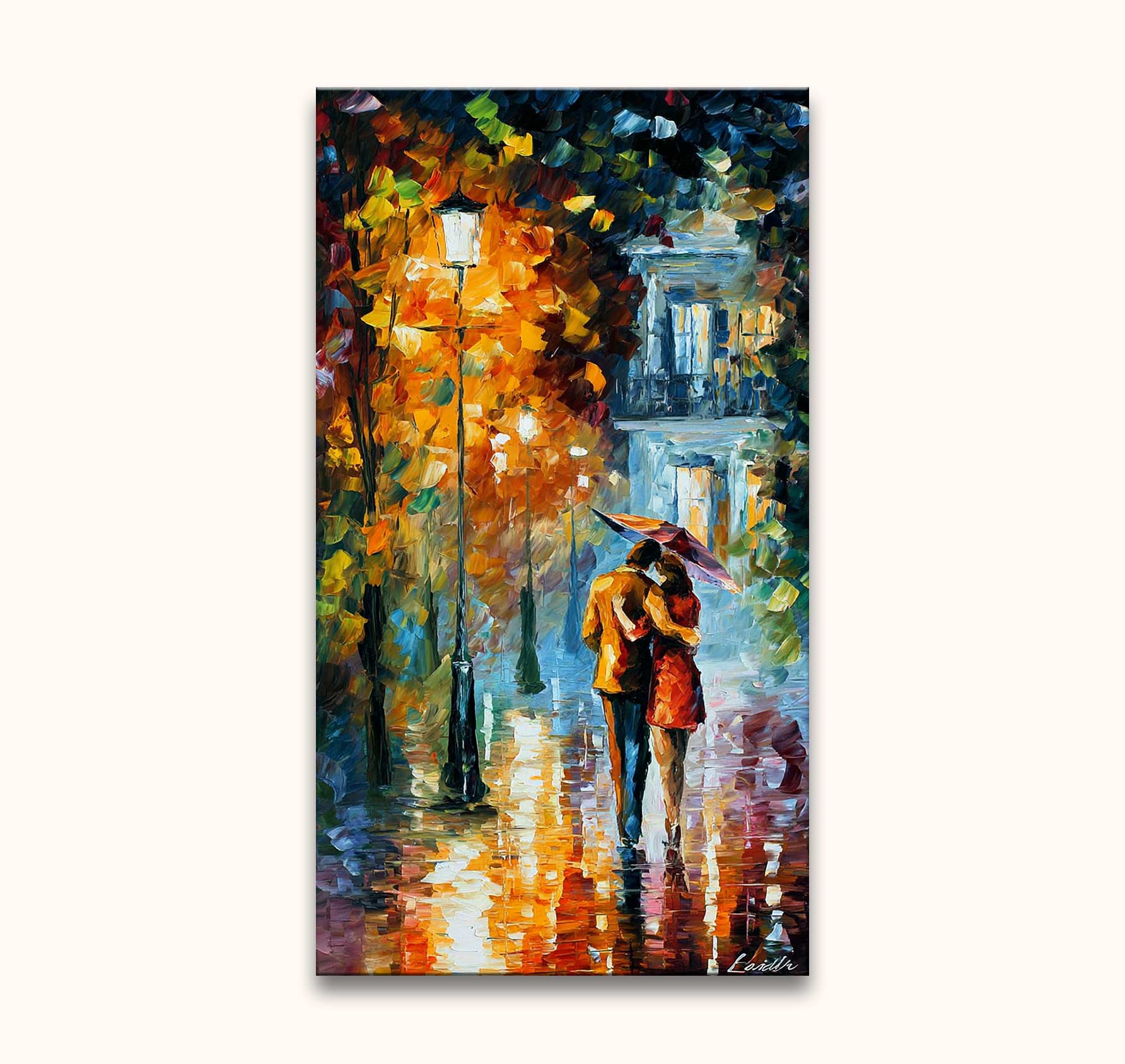 Koppel onder een paraplu in een impressionistisch schilderij 'Little Secret' in de stijl van Leonid Afremov, met regenachtige straat en warme lichten.