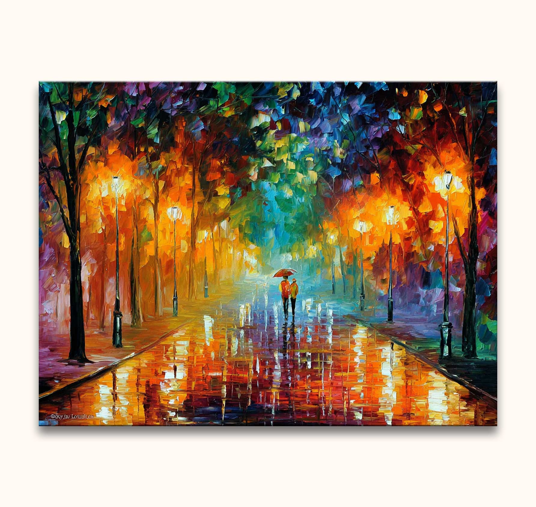 Twee figuren onder paraplu op een regenachtige laan, schilderij 'Farewell to Anger' in Leonid Afremov-stijl, olieverf op canvas, handgemaakt door Grootmeesters.