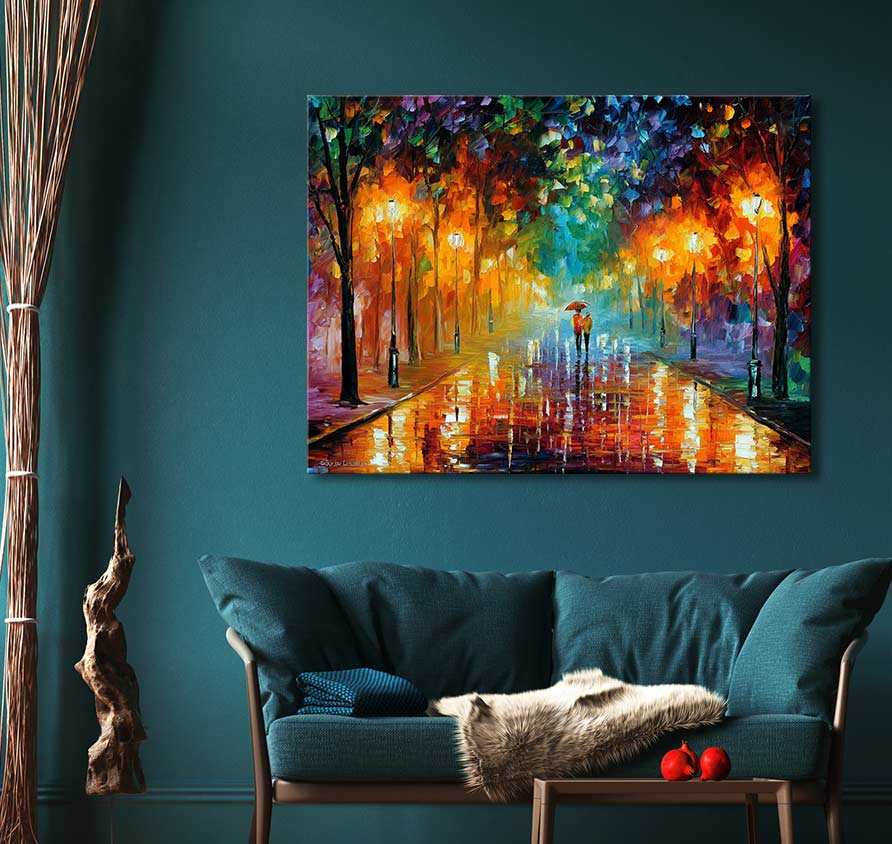 'Farewell to Anger' in de stijl van Leonid Afremov, handgeschilderd olieverfschilderij, toont een park 's nachts. Geschikt voor moderne interieurontwerpen.