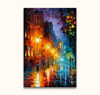 Stadsscène 's nachts, olieverf in Afremov-stijl. Twee figuren met paraplu, reflecties op natte straat, warme lichten. Handgeschilderd, klaar om op te hangen.