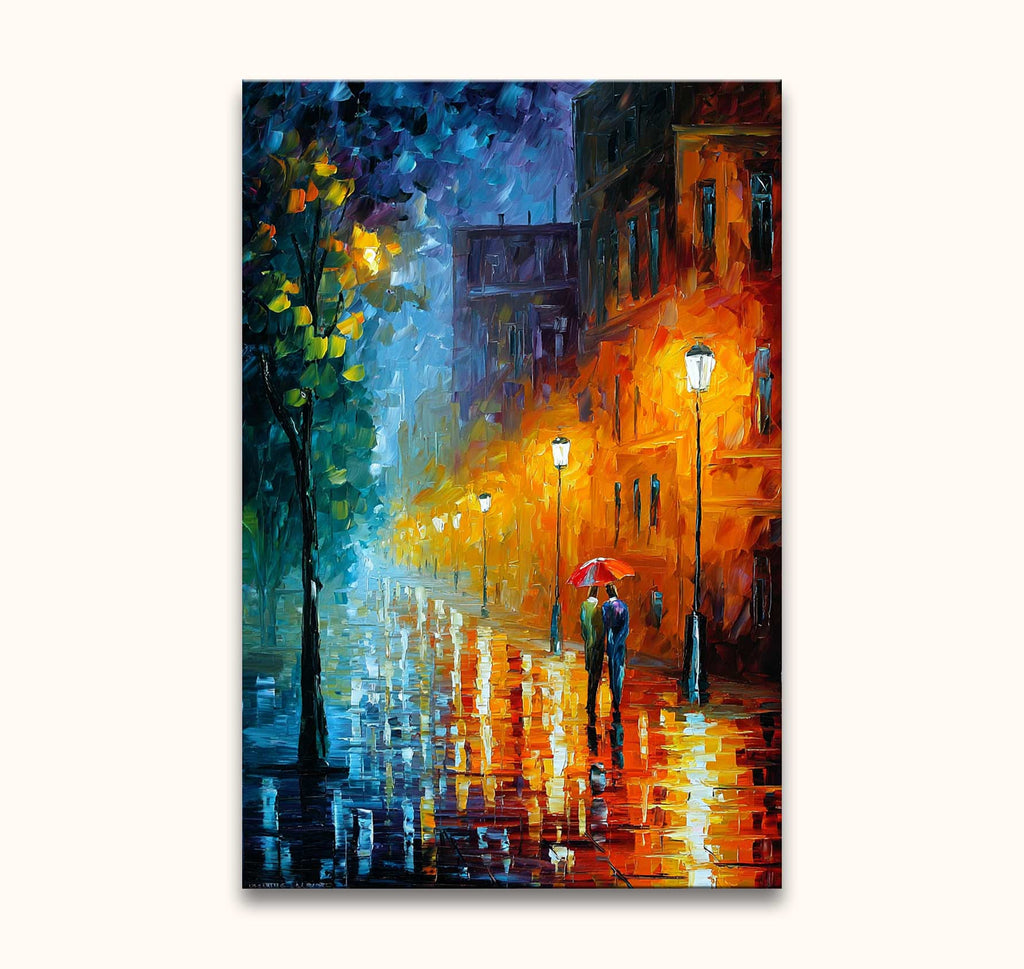 Twee mensen onder een rode paraplu op een regenachtige straat. Olieverfschilderij 'Mystery Evening' in de stijl van Leonid Afremov, handgeschilderd door Grootmeesters.