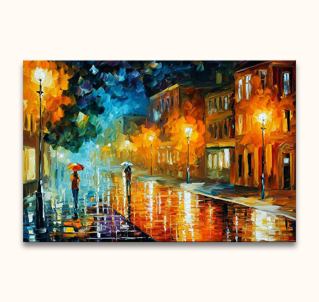 Twee figuren met paraplu's op een regenachtige straat, in de stijl van Leonid Afremov. Olieverf schilderij 'Two Lost Souls', handgeschilderd op doek.