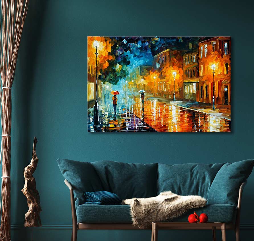Twee verloren zielen - In de stijl van Leonid Afremov: Handgeschilderd olieverfschilderij van een regenachtige stadsscène met twee figuren onder paraplu's.