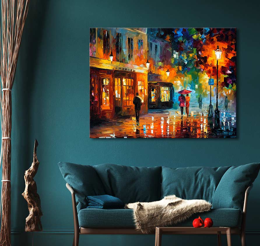 Schilderij 'The Swan' in Leonid Afremov-stijl: een impressionistisch, sfeervol straatbeeld met regen, lamplicht en een koppel onder een rode paraplu. Olieverf op canvas.