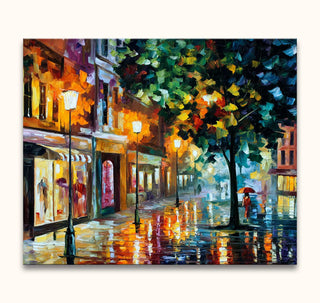Regenachtig stadsgezicht met een figuur onder een rode paraplu, handgeschilderd in Leonid Afremov-stijl. Olieverf op canvas, 'Rainy Amsterdam'.