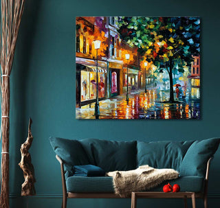 Handgeschilderd schilderij 'Rainy Amsterdam' in Leonid Afremov-stijl, toont een regenachtige stad bij nacht. Olieverf op doek, gereed voor ophanging. 