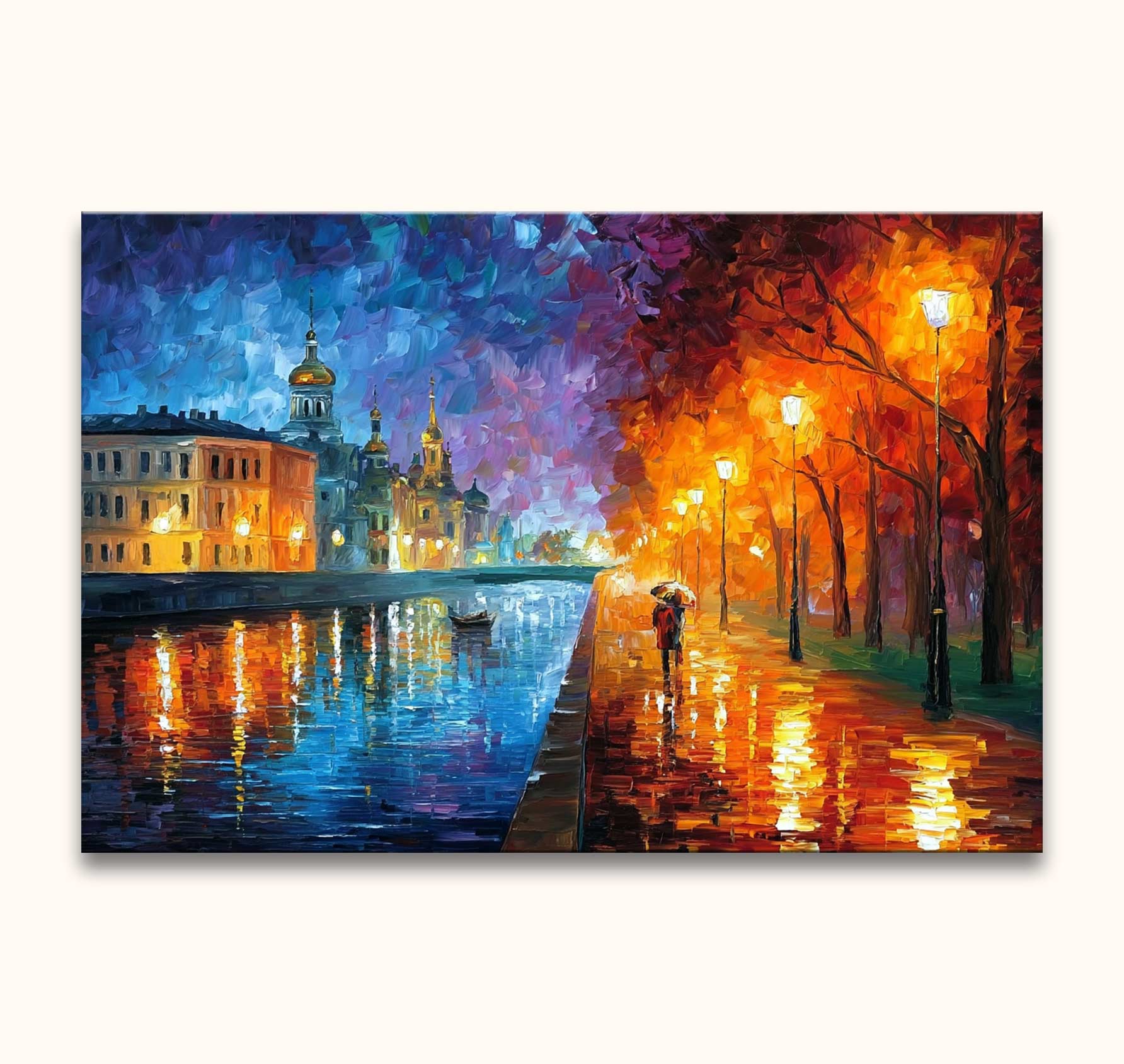 Romantisch stadsgezicht 'Love from Saint Petersburg' in Leonid Afremov-stijl. Regenachtige avond, historische gebouwen, boot, wandelend paar. Handgeschilderd olieverf op canvas.