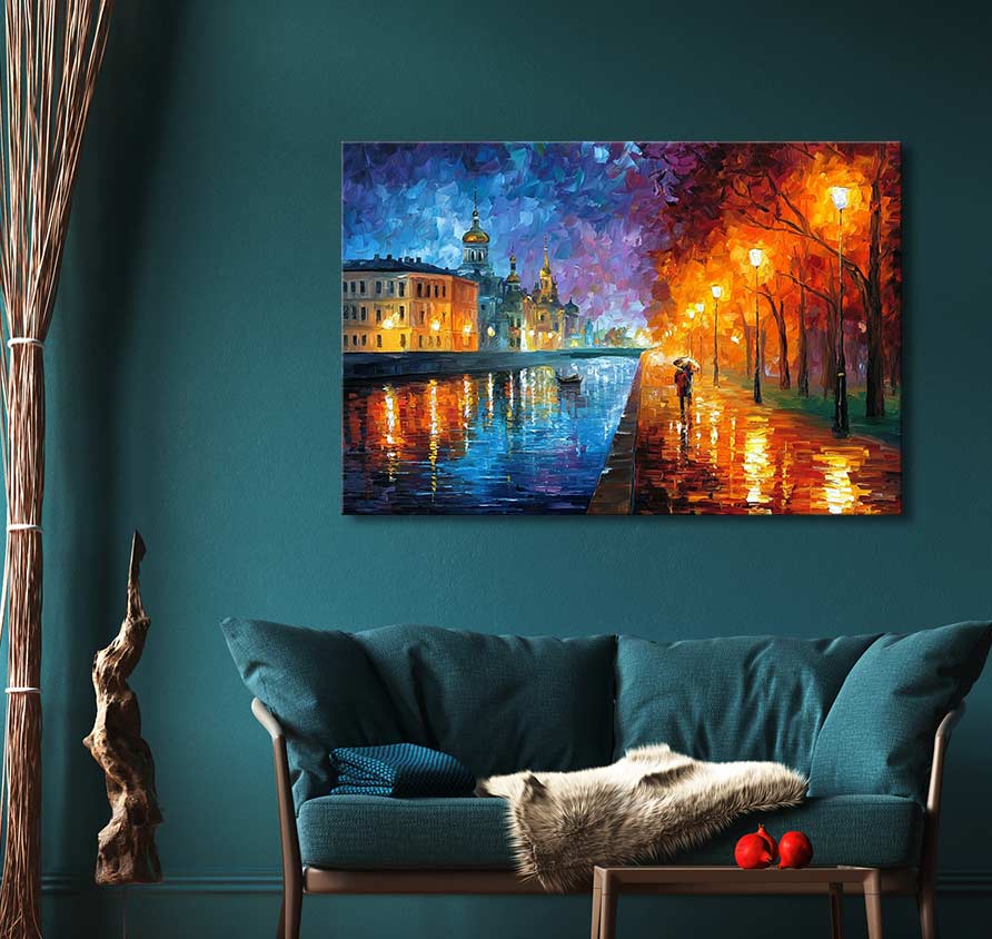 Schilderij 'Love from Saint Petersburg' in Leonid Afremov-stijl, impasto nachtscène van promenade, professioneel olieverf op canvas, hoogwaardig, klaar om op te hangen.