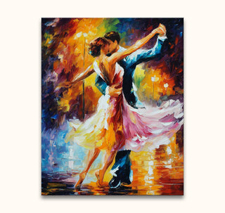 Dansend paar in impressionistische stijl, man in donkere kleding en vrouw in kleurrijke jurk. Origineel schilderij 'Delightful Waltz' geïnspireerd door Leonid Afremov.