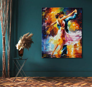 Schilderij 'Delightful Waltz' toont danspaar in impasto-stijl, geïnspireerd door Leonid Afremov. Ideaal voor interieurdesign, zonder lijst nodig.