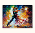Dansend paar in een kleurrijk, impressionistisch schilderij 'Delightful Waltz Panorama' in de stijl van Leonid Afremov, handgeschilderd op canvas door Grootmeesters.