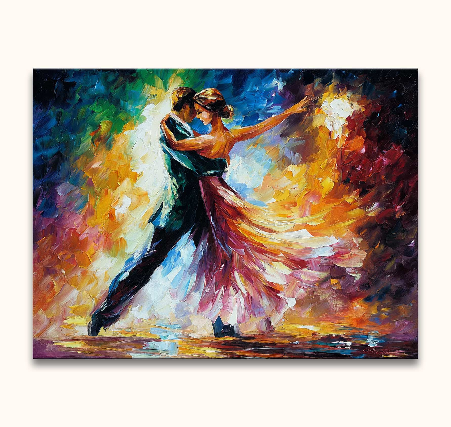 Dansend paar in een kleurrijk, impressionistisch schilderij 'Delightful Waltz Panorama' in de stijl van Leonid Afremov, handgeschilderd op canvas door Grootmeesters.