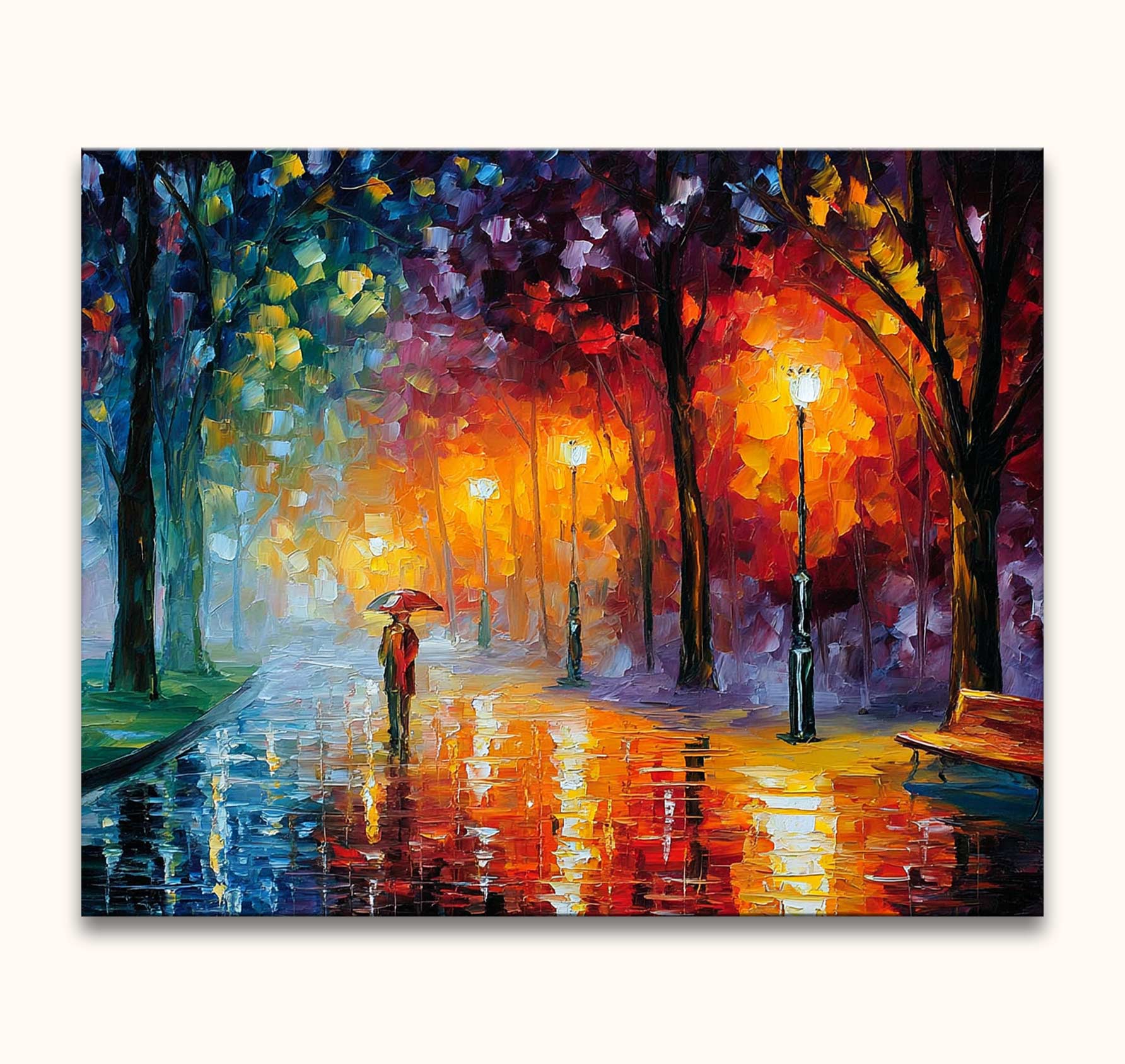 Een persoon met rode paraplu in regenachtig park, geïnspireerd door Leonid Afremov. Olieverf op doek, kleurrijk en impressionistisch, zonder lijst nodig.