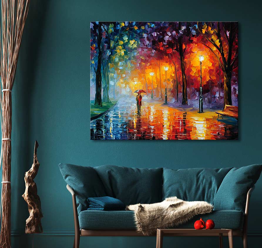 Schilderij Lonely in a Rainy Park in Afremov-stijl; olieverf op canvas, toont figuur in regenachtig park. Handgeschilderd, geen reproductie, ideaal voor interieurdecoratie.