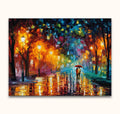 Rains Rustle - In de stijl van Leonid Afremov: Romantisch schilderij van een stel onder rode paraplu, wandelend in regenachtig park, impasto-olieverf op canvas.
