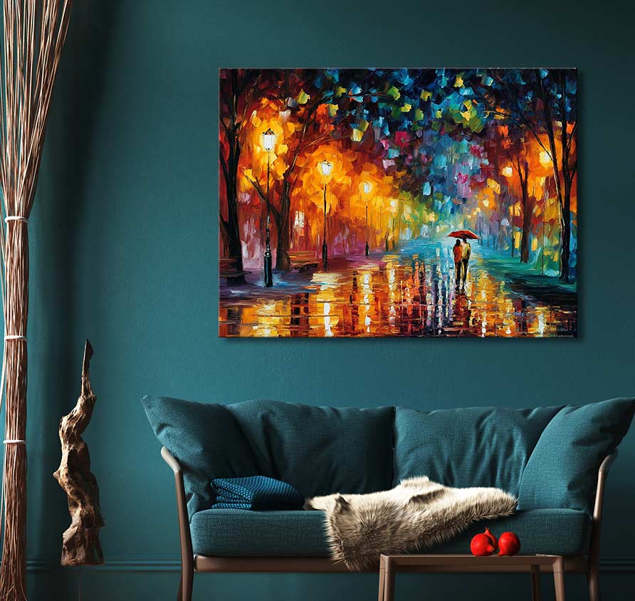 'Rains Rustle' schilderij toont een stel onder rode paraplu in regenachtig park, geïnspireerd door Leonid Afremov. Handgeschilderd, klaar om op te hangen.