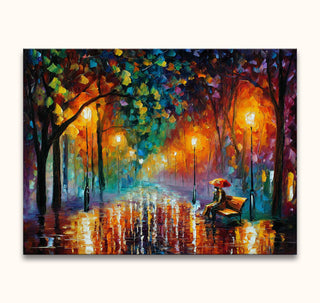 Schilderij Dreamers in a Rainy Park, geïnspireerd op Leonid Afremov, toont een nachtelijke promenade met mensen en reflecterende lantaarns in impressionistische stijl.