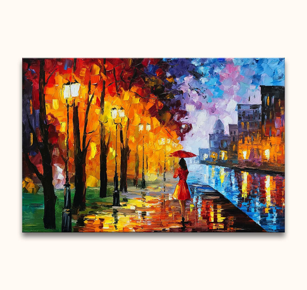 Vrouw in rode jas loopt langs rivierpromenade met herfstbomen, geïnspireerd door Leonid Afremov. Oorspronkelijk olieverfschilderij 'Stad aan het Meer', opgezet in museumkwaliteit.