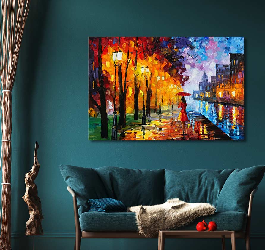 Schilderij 'Stad aan het Meer' in Leonid Afremov-stijl, toont een regenachtige promenade met een figuur in rode jurk. Geschilderd met olieverf op canvas.