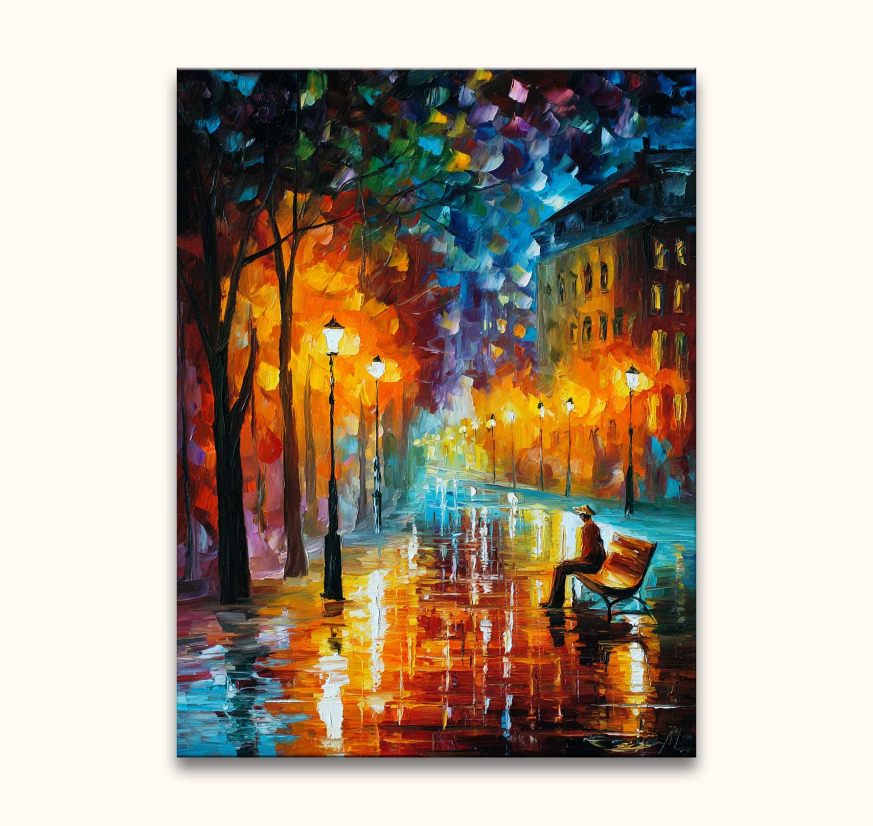 Eenzame figuur op bank in regenachtig park, 'Loneliness of Autumn' schilderij in Afremov-stijl. Olieverf op doek, impressionistisch en handgeschilderd.