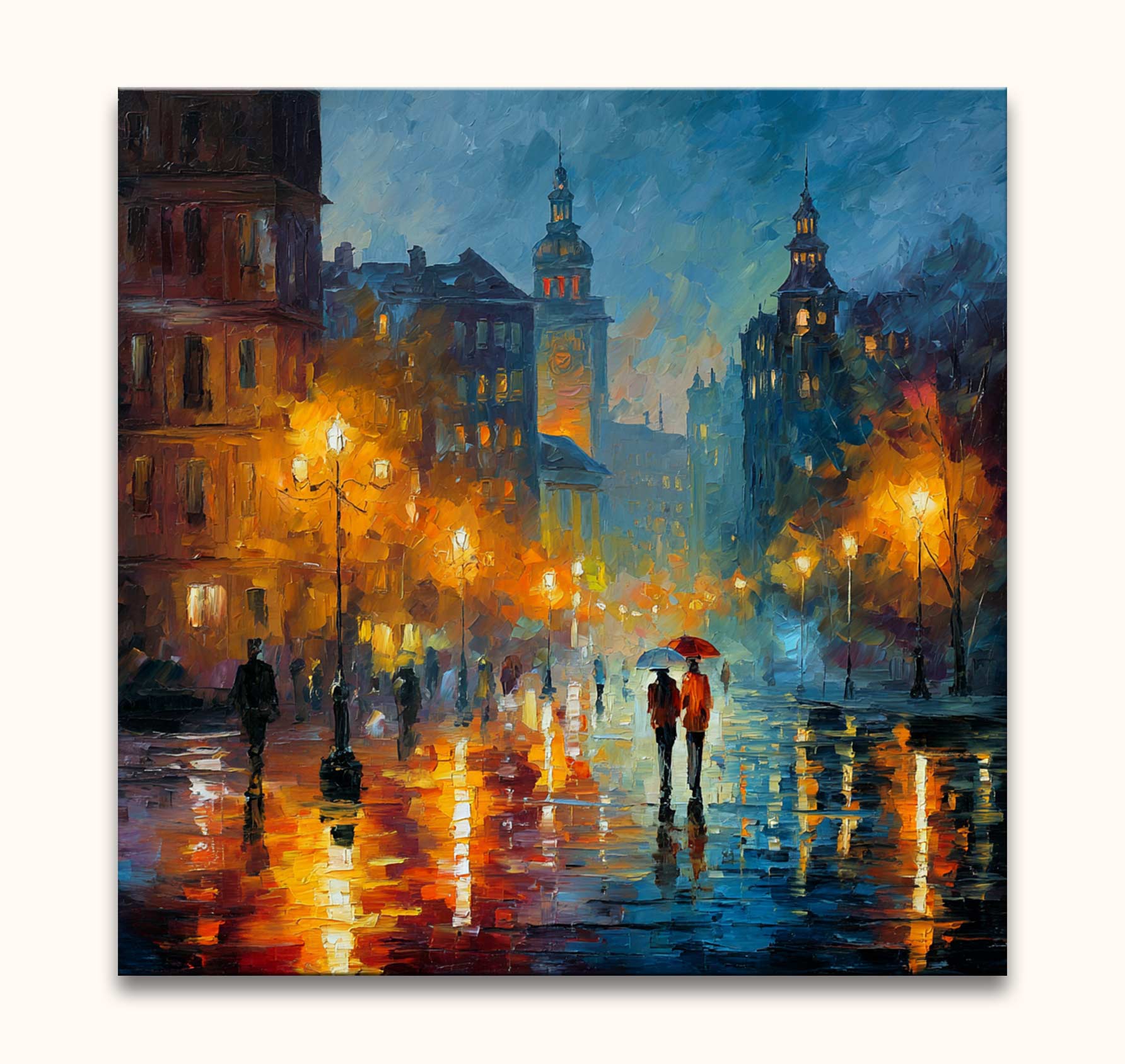 Stadsgezicht bij nacht met regenachtig straatbeeld, twee figuren onder rode paraplu. 'Love from Hamburg' in Leonid Afremov-stijl, olieverf op canvas.