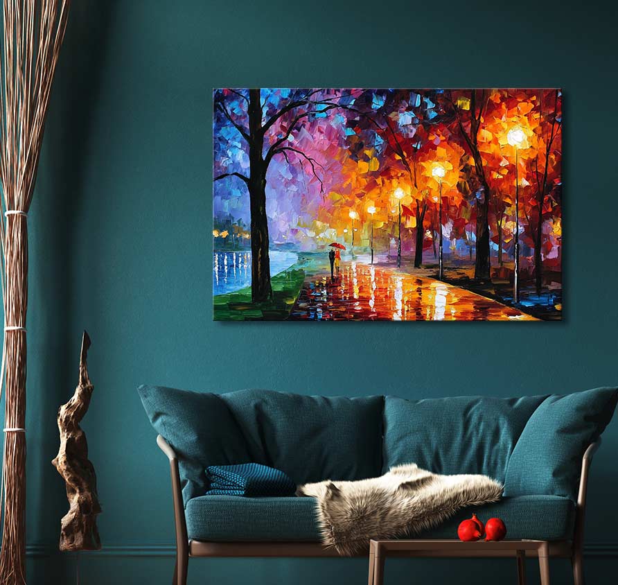 Handgeschilderd olieverfschilderij 'Evening Way to Home' in de stijl van Leonid Afremov, met parklandschap en rode paraplu. Geschikt voor stijlvol interieur.