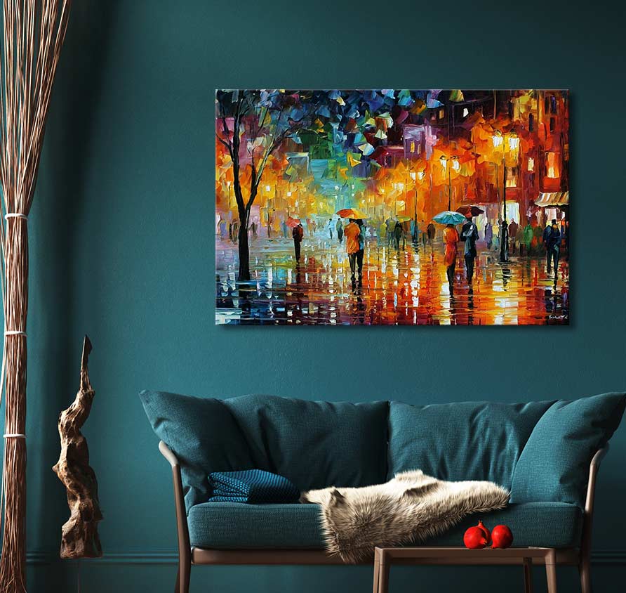 Handgeschilderd schilderij 'Rainy Shopping Street' in impressionistische stijl, geïnspireerd door Leonid Afremov. Te zien: regenachtige stadsscene met wandelende figuren.